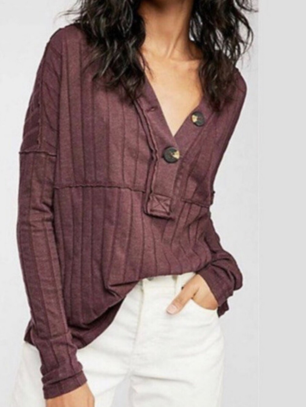 We The Free (Free People) Maroon Purple Ribbed Long Sleeved Tee, XS